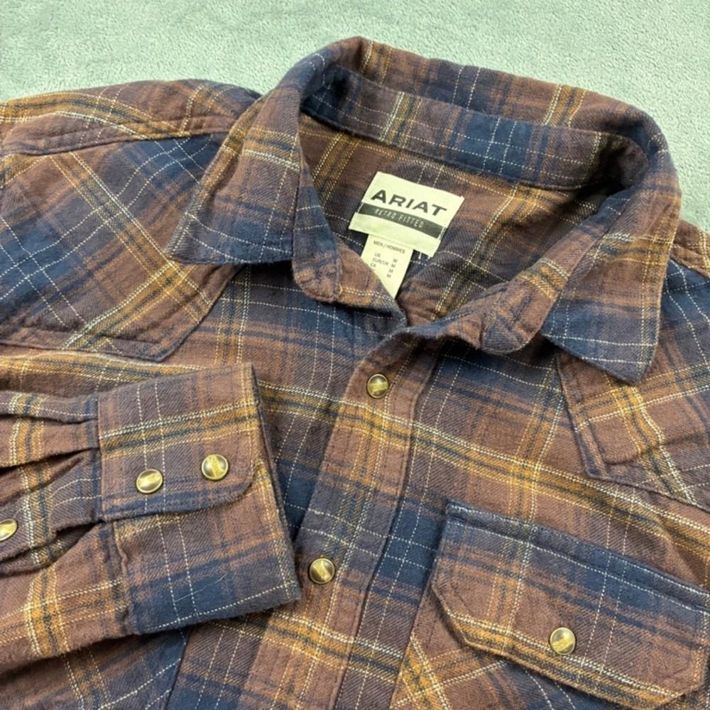 Ariat Men's Med Retro Fitted Plaid Western Snap Front Flannel Shirt Brown Blue